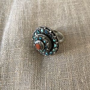 Small Turquoise + Coral Silver Ring